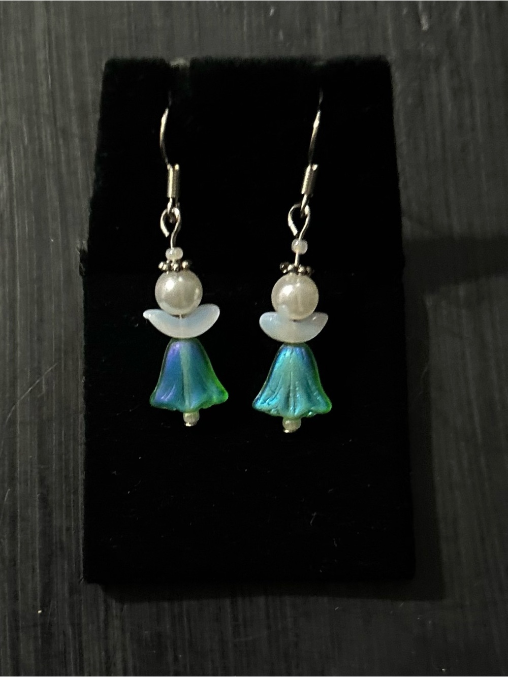 Vintage Beaded Angel Earrings, Stainless Steel Hooks, Green And Blue